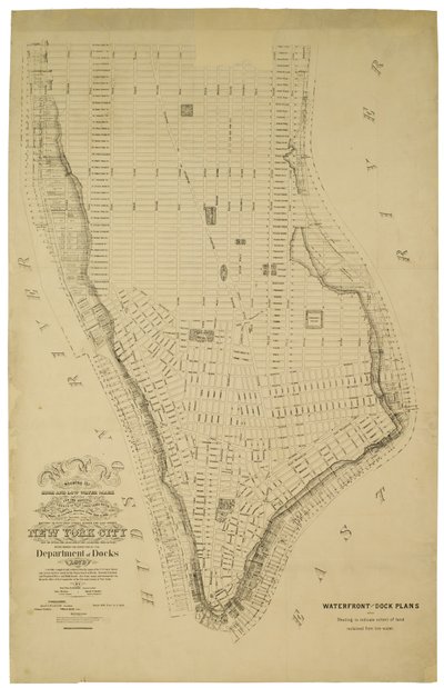 Karte, die die Hoch- und Niedrigwassermarke und die ursprünglichen Stadtzuschüsse von Land unter Wasser zeigt, die von 1686 bis 1873 an verschiedene Parteien vergeben wurden, von Battery bis zur 51. Straße, Judson und East Rivers von American School